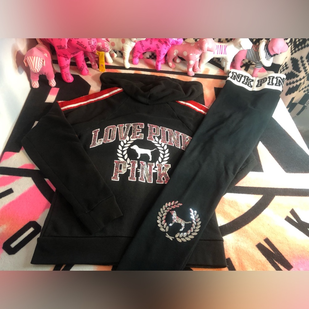 Pink Victoria Secret Bling Zip Up Hoodie and Matching Leggings Outfit Set